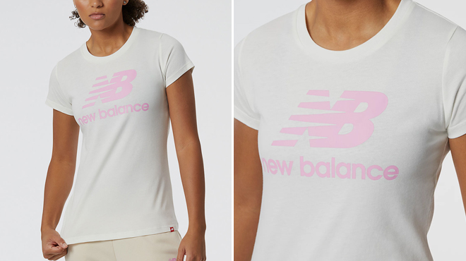 New Balance Womens Essentials Stacked Logo Tee in Sea Salt Color