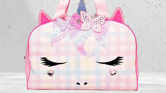 OMG Accessories Pink Gingham Unicorn Butterfly Crown Duffel Bag