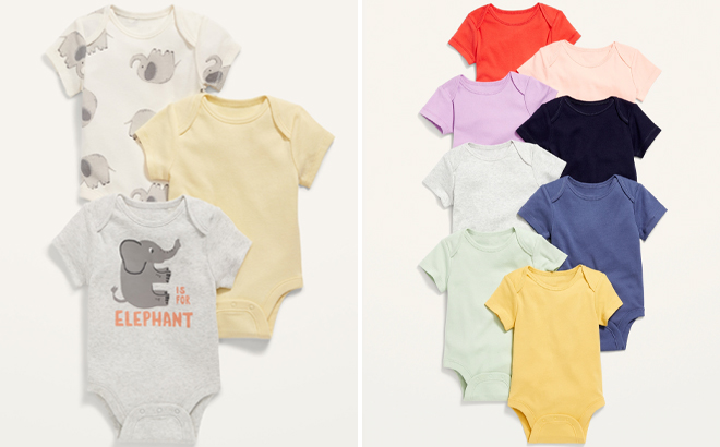 Old Navy Baby 3 Pack Short Sleeve Bodysuits on the Left and Old Navy Baby Short Sleeve Bodysuit 8 Pack on the Right