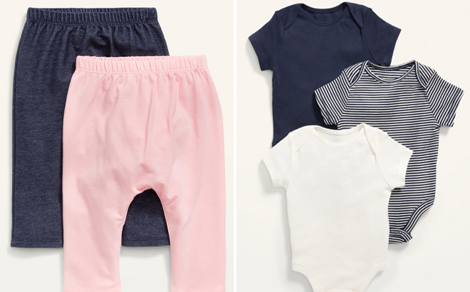 Old Navy Baby Pull On Pants 2 Pack on the Left and Old Navy Baby Unisex Bodysuit 3 Pack on the Right