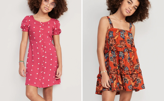 Old Navy Girls Fit And Flare And Tiered Swing Dresses On Models