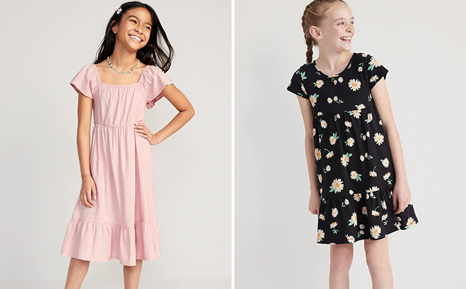 Old Navy Girls Flutter Sleeve Clip Dot Fit Flare Midi Dress and Short Sleeve Tiered Swing Dress for Girls Dress