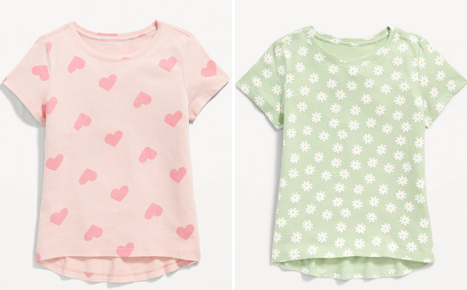 Old Navy Girls Graphic Short Sleeve T Shirts In Green Floral And Pink Hearts