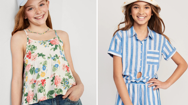Old Navy Girls Printed Tiered Swing Cami Top on the Left and Old Navy Girls Short Sleeve Cropped Tie Front Top on the Right