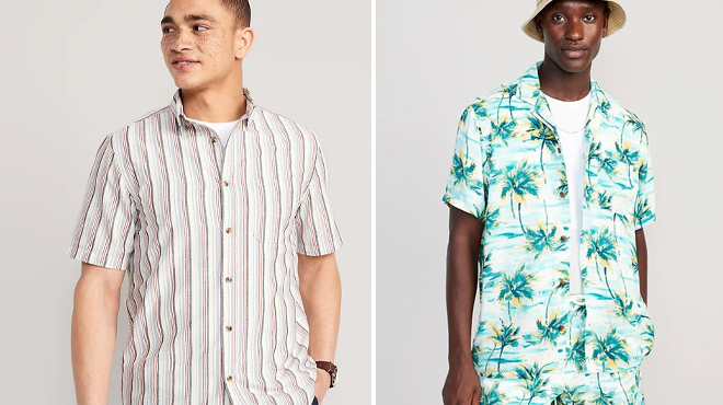 Old Navy Men's Regular Fit Everyday Short Sleeve Oxford Shirt on the Left and Old Navy Men's Short Sleeve Printed Camp Shirt on the Right