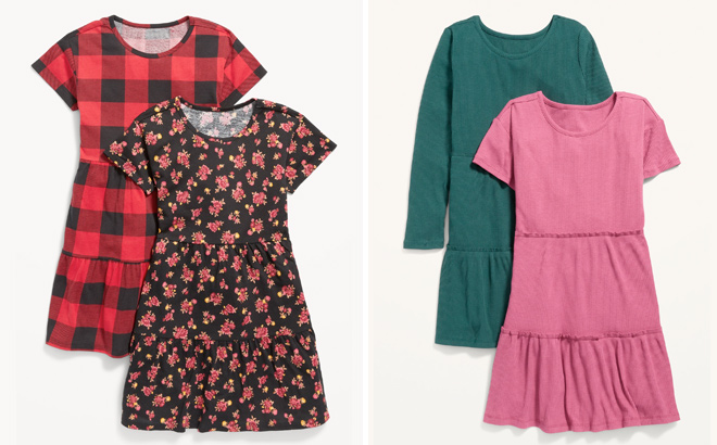 Old Navy Tiered Printed Swing Dress 2 Pack and Tiered Rib Knit Swing Dress 2 Pack for Girls