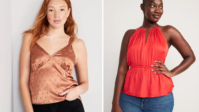 Old Navy Women's Polka Dot Satin Jacquard Cami on the Left and Old Navy Women's Satin Halter Peplum Blouse on the Right