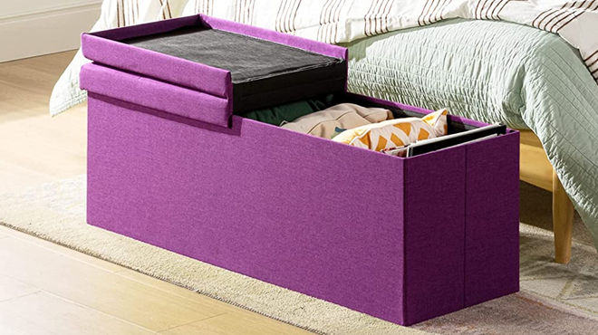 Open Otto Ben Folding Box Chest Upholstered Tufted Ottoman in Purple Color