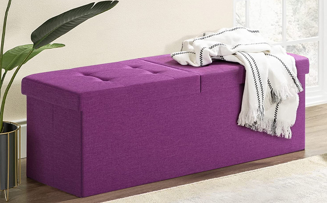 Otto Ben Folding Box Chest Upholstered Tufted Ottoman in Purple Color