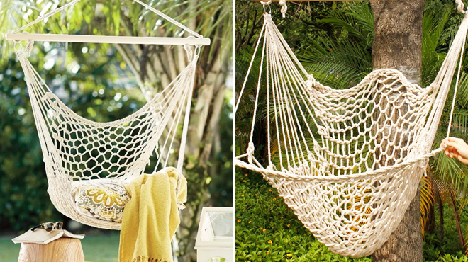Outdoor Hanging Swing Rope Hammock on the Left and Closer Look of Same Item on the Right