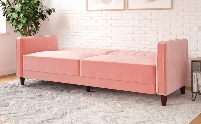 Perdue 81 5 Inch Velvet Square Arm Convertible Sleeper Couch in Pink at Wayfair