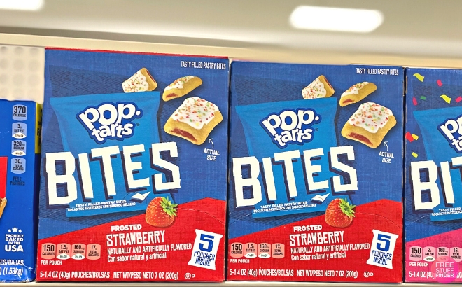 Pop Tarts Baked Pastry Bites in Frosted Strawberry Flavor 5 Pouches on a Store Shelf