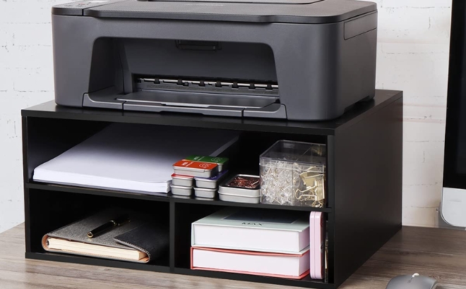 Printer Stand Shelf with Storage in Black on a Desk