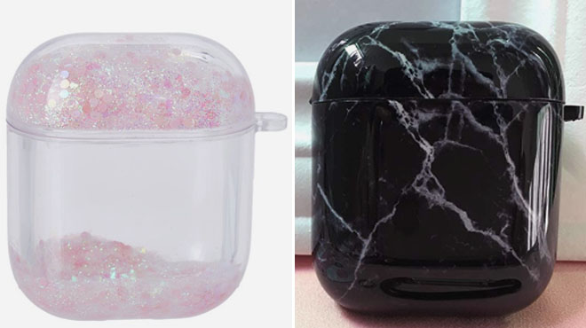 QRTZ Pink White Glitter AirPods Case and QRTZ Black Marbled AirPods Case