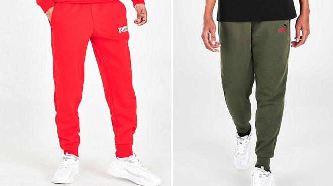 Red Color Mens Puma Logo Jogger Pants on the left and Green on the Right