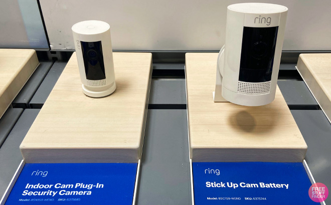 Ring Indoor Plug In Security Camera on the Left and Ring Stick Up Batter Camera on the Right