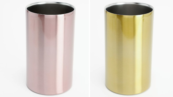 Rosegold Color Primula Double Wall Stainless Steel Wine Chiller on the Left and Gold on the Right