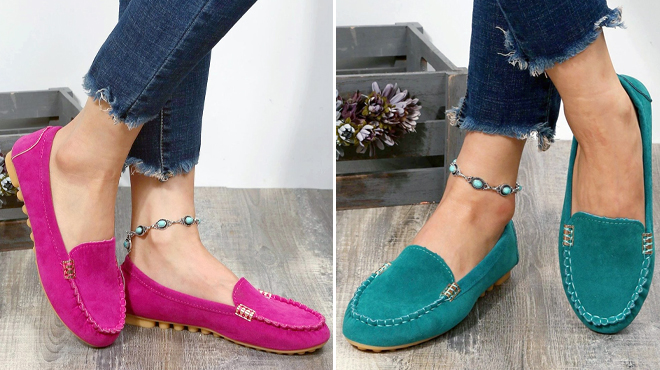 Rosy Womens Rose and Green Stitch Detail Loafers