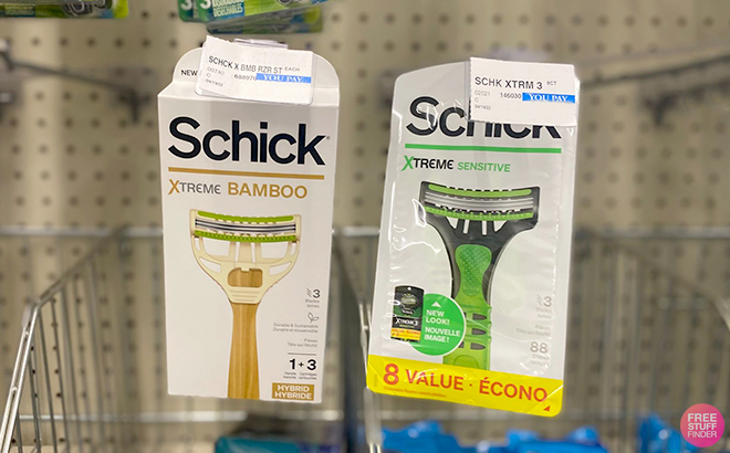 Schick Xtreme Bamboo and Schick Xtreme Sensitive Razors on Store Hangers