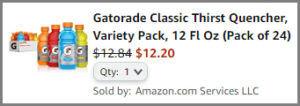 Screenshot of Gatorade Classic Thirst Quencher 24 Pack Discount at Amazon Checkout