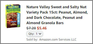 Screenshot of Nature Valley Granola Bars Variety Pack 15 Count Discount at Amazon Checkout
