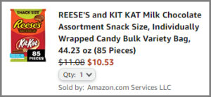 Screenshot of Reeses and KitKat Snack Size 85 Count Pack Discount at Amazon Checkout