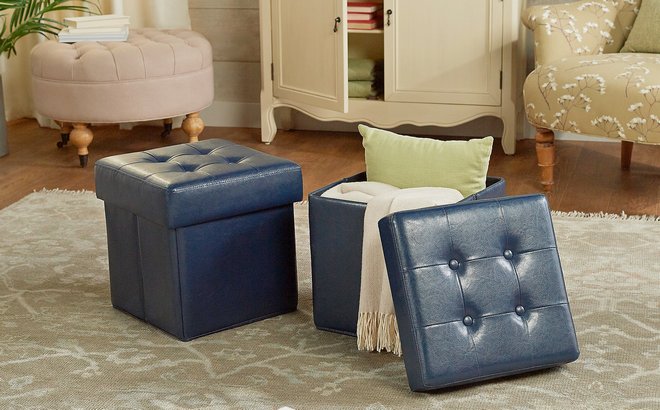 Set of 2 Faux Leather Fold up Storage Ottomans Navy