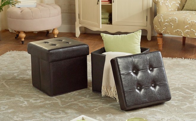 Set of 2 Faux Leather Fold up Storage Ottomans