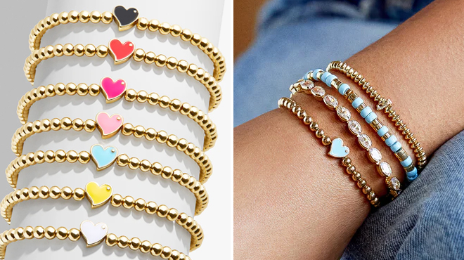 Seven Baublebar Retro Positivity Pisa Bracelet on the Left and a Hand with Baublebar Bracelets on the Right