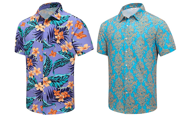 SheLucki Hawaiian Shirt for Men Unisex Summer Beach Casual Short Sleeve Button Down Printed Palmshadow