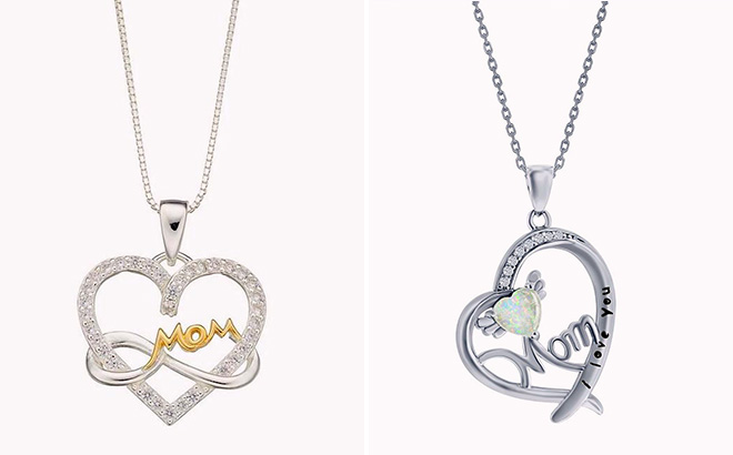 Silver Two Tone Mom Infinity Heart Pendant Necklace and Mom I Love You Heart Pendant Necklace