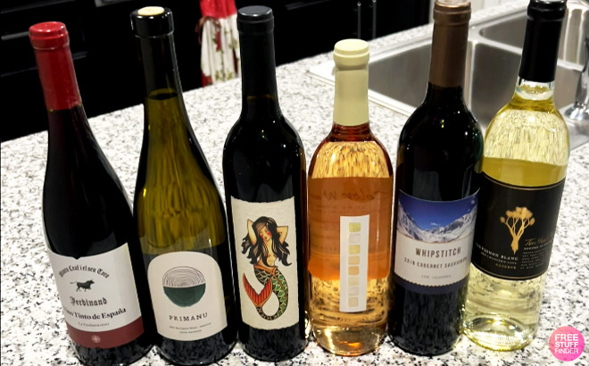 Six Bottles of FirstLeaf Wine Variety on top of a Kitchen Countertop