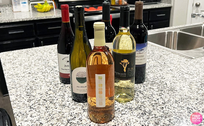 Six Bottles of Variety Wine on a Kitchen Countertop