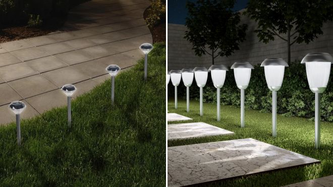 Solar Powered LED Pathway Light Pack Set of 24 and Gunmetal Low Voltage Solar Powered Integrated LED Metal Pathway Light Set of 8