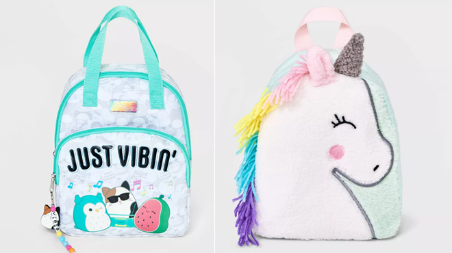 Squishmallows Just Vibin Mini 11 Backpack on the left and Cat Jack Toddler Girls 8 5 Unicorn Backpack on the right