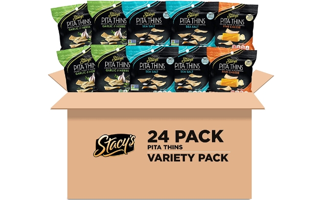 Stacys Flavored Pita Chips Variety Pack 24 Count Box on a White Background