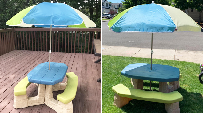 Step2 Kids Picnic Table With Umbrella in Patio on the Left and Same Item in the Garden on the Right