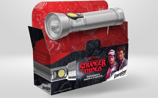 Stranger Things Demogorgon Hunting LED Flashlight by Energizer on a Grey Background