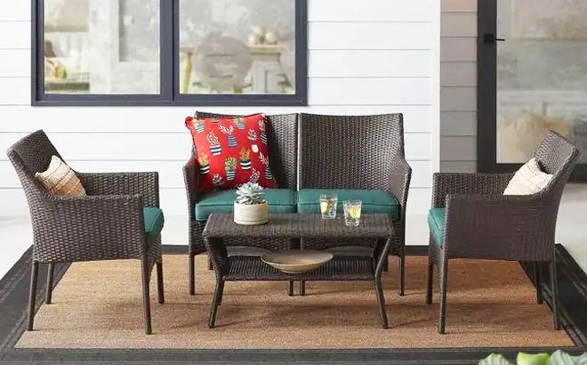 Terrace View 4 Piece Wicker Patio Conversation Seating Set with Green Cushions