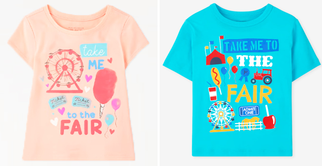 The Childrens Place Baby And Toddler Girls Fair Peach Sachet Graphic Tees and Baby And Toddler Boys Fair Graphic Blue Atoll Tees