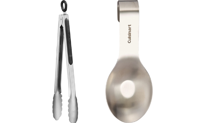 The Cuisinart 12 Inch Tongs on the Left and the Cuisinart Stainless Steel Spoon Rest on the Right