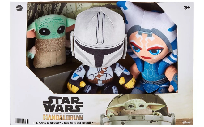 The Mattel Star Wars The Mandalorian 3 Pack Plush Set on a White Background The Mattel Star Wars The Mandalorian 3 Pack Plush Set on a White Background