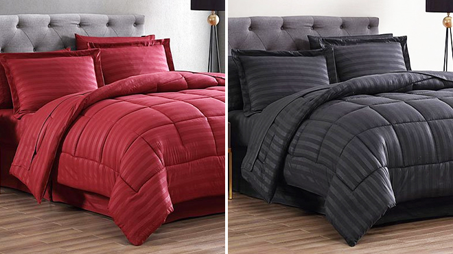 The Nesting Company Burgundy Maple Eight Piece Comforter Set on the Left and Same Item in Black Color on the Right