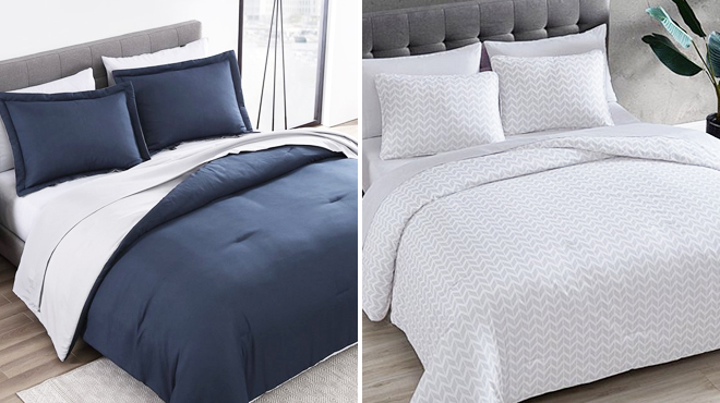 The Nesting Company Navy Gray Seven Piece Comforter Set on the Left and Same Item in Chevron Pine on the Right