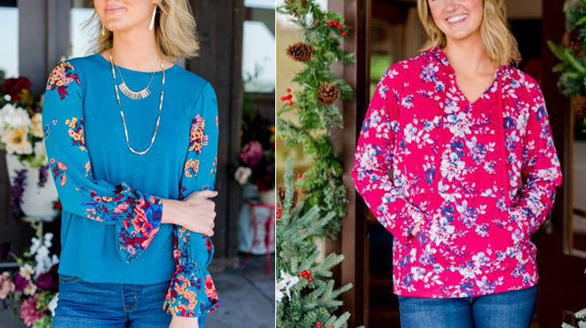 The Pioneer Woman Flounce Sleeve Blouse on the left and The Pioneer Woman Pull Over Hoodie on the right