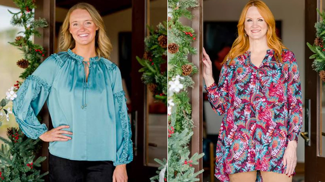 The Pioneer Woman Micro Ruffle Peasant Blouse on the right and The Pioneer Woman Micro Ruffle Tiered Tunic on the left