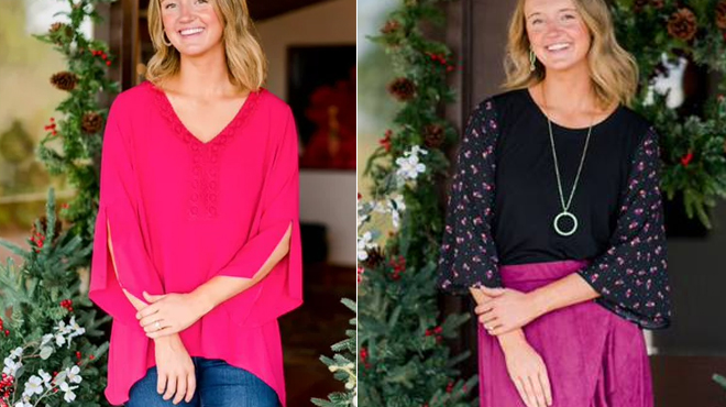 The Pioneer Woman Sharkbite Tunic on the left and The Pioneer Woman Scoop Neck Flare Sleeve Blouse on the right