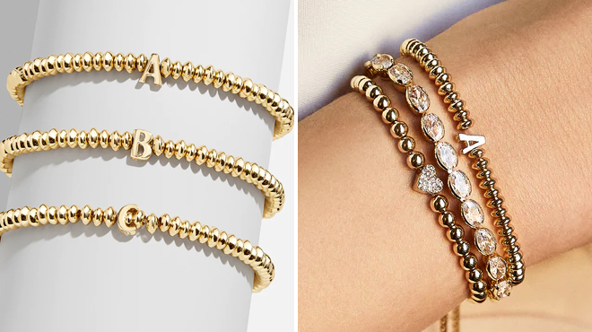 Three Baublebar Initial Paris Bracelets in Gold on the Left and a Hand with Three Baublebar Bracelets on the Right