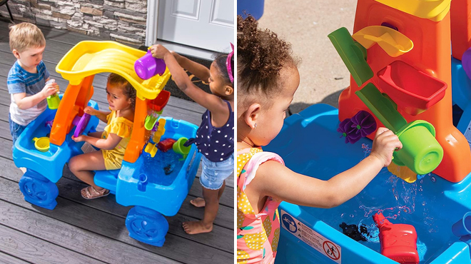 Three Kids Playing Step2 Car Wash Splash Center on the Left and a Girl Playing the Same Item on the Right