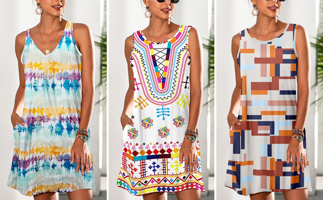 Three Women Wearing Camisa Pocket Sleeveless Dresses
